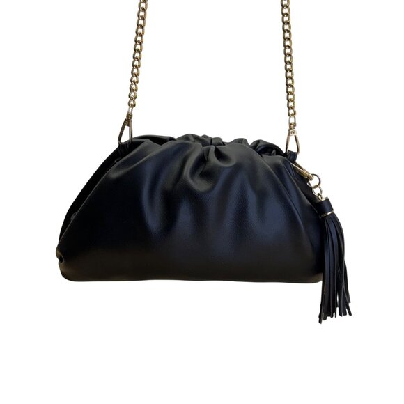 Understated Leather Women’s Black Leather With Tassel Detail & Gold Chain Clutch - Picture 1 of 10